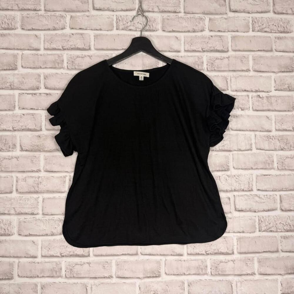 Max Studio Ruffle Cap Sleeve Knit T-Shirt‎ Black Women's M Sweater